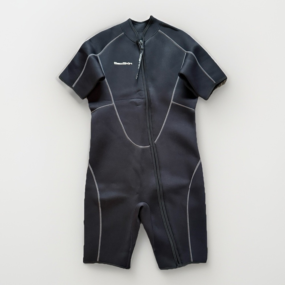 Seaskin Wetsuit Shorty Mens XL Black Neoprene Front Zip Surf Dive Swim